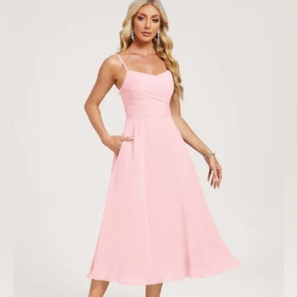 Elegant Pink Chiffon Midi Dress with Matching Wrap – Size Small